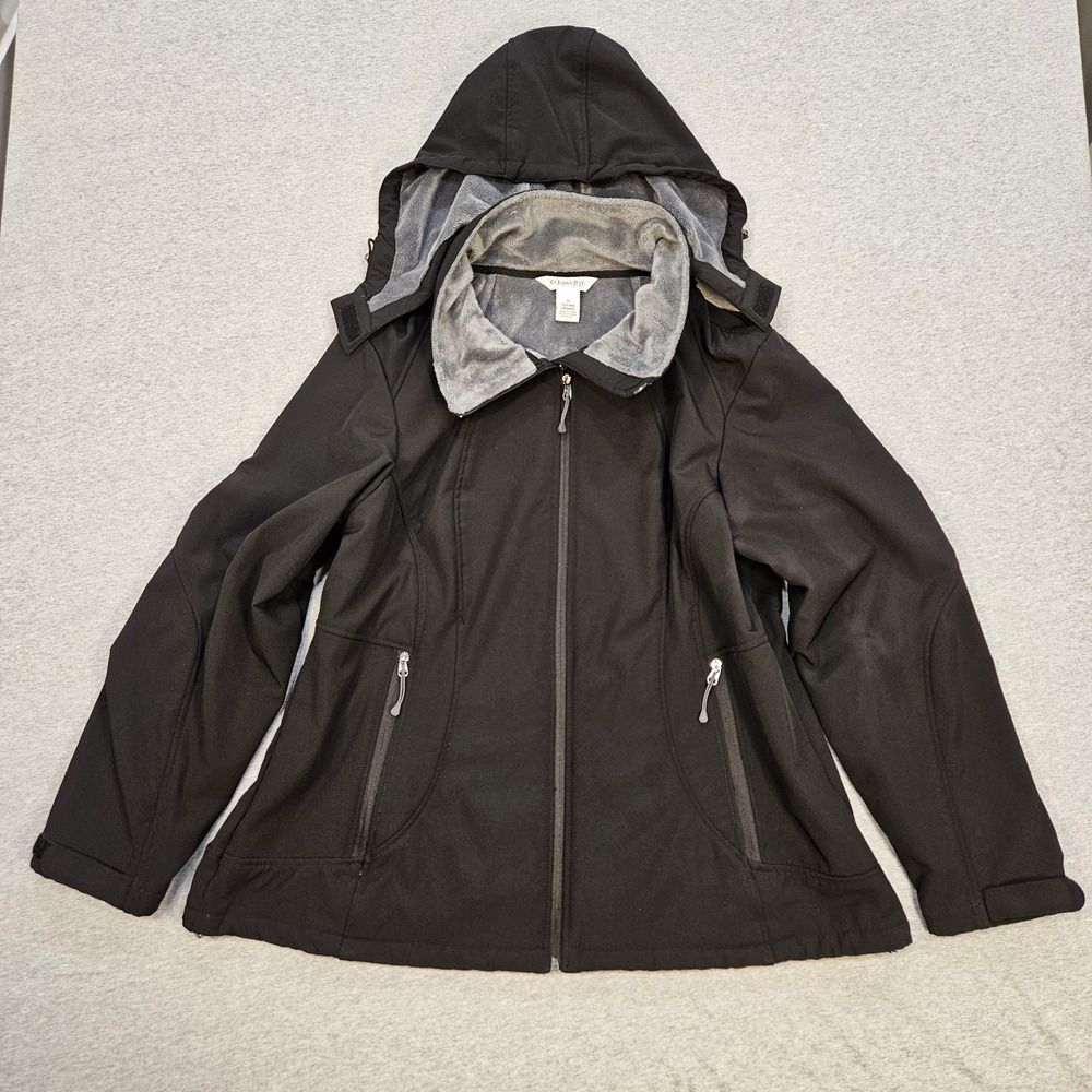 St Johns Bay Womens 2X Black Softshell Jacket Fleece Lined Detachable Hood Zip